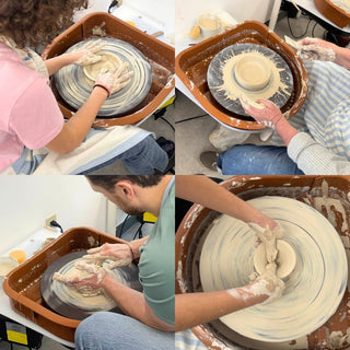 Collage of people working with clay on a potter's wheel.