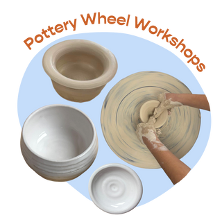 clay pots and a person working on a potter's wheel with 'Pottery wheel workshops' text