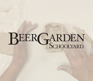 Text 'BEERGARDEN SCHOOLYARD' over a blurred background with hands holding sculpting a pinch pot.