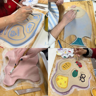 Collage of people painting ceramic plates on a wooden table.