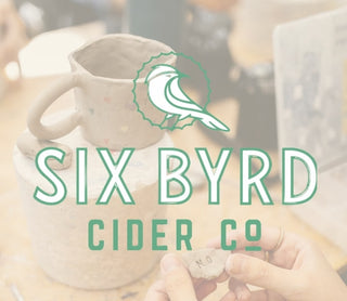 Cider mug with Six Byrd Cider Co logo and branding