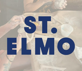 Text 'ST. ELMO' over a blurred background with people and objects.