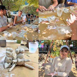 A four-panel collage showing people making clay figures outdoors. The top-left panel shows several people sitting at a table with clay tools and materials.