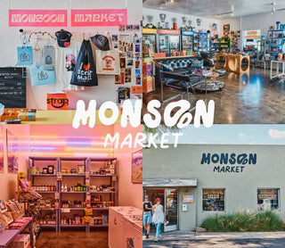 Collage of Monsoon Market with store interior, exterior, and branding elements.