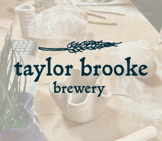 Taylor Brooke Brewery logo with ceramic pots and plants on a light background