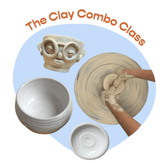 Collage of ceramic items and a person working with clay on a pottery wheel, titled 'The Clay Combo Class'.