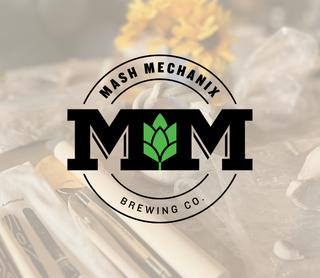 A circular Mash Mechanix Brewing Co. logo overlay centered over a softly blurred background of brewing equipment and yellow flowers.