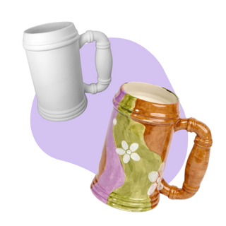 Two ceramic steins, one white and one with floral design, on a blue background.
