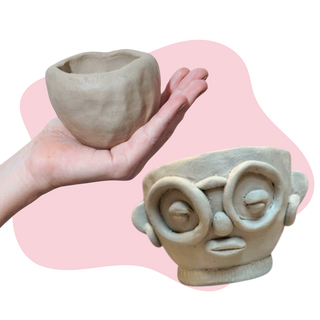 Hand holding a small ceramic bowl next to a larger bowl with a face design on a pink background
