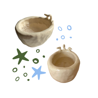 Two ceramic bowls with starfish and bubble illustrations on a white background