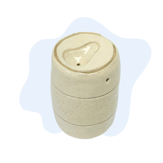 Beige cylindrical container with a lid on a white background