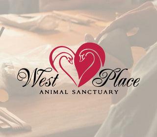 A faded, warm-toned photograph of a person forming a ceramic pinch pot at West Place Animal Sanctuary, with the sanctuary logo overlaid in the center.
